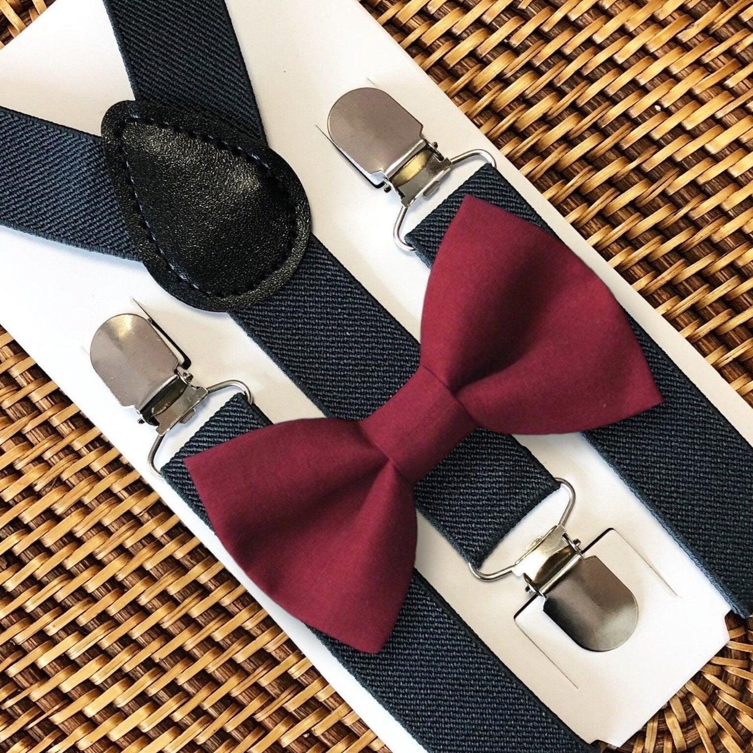 Burgundy bow tie and gray suspenders for men, toddlers and kids handmade in the USA and pre-tied, for wedding, groomsmen and ring bearer.