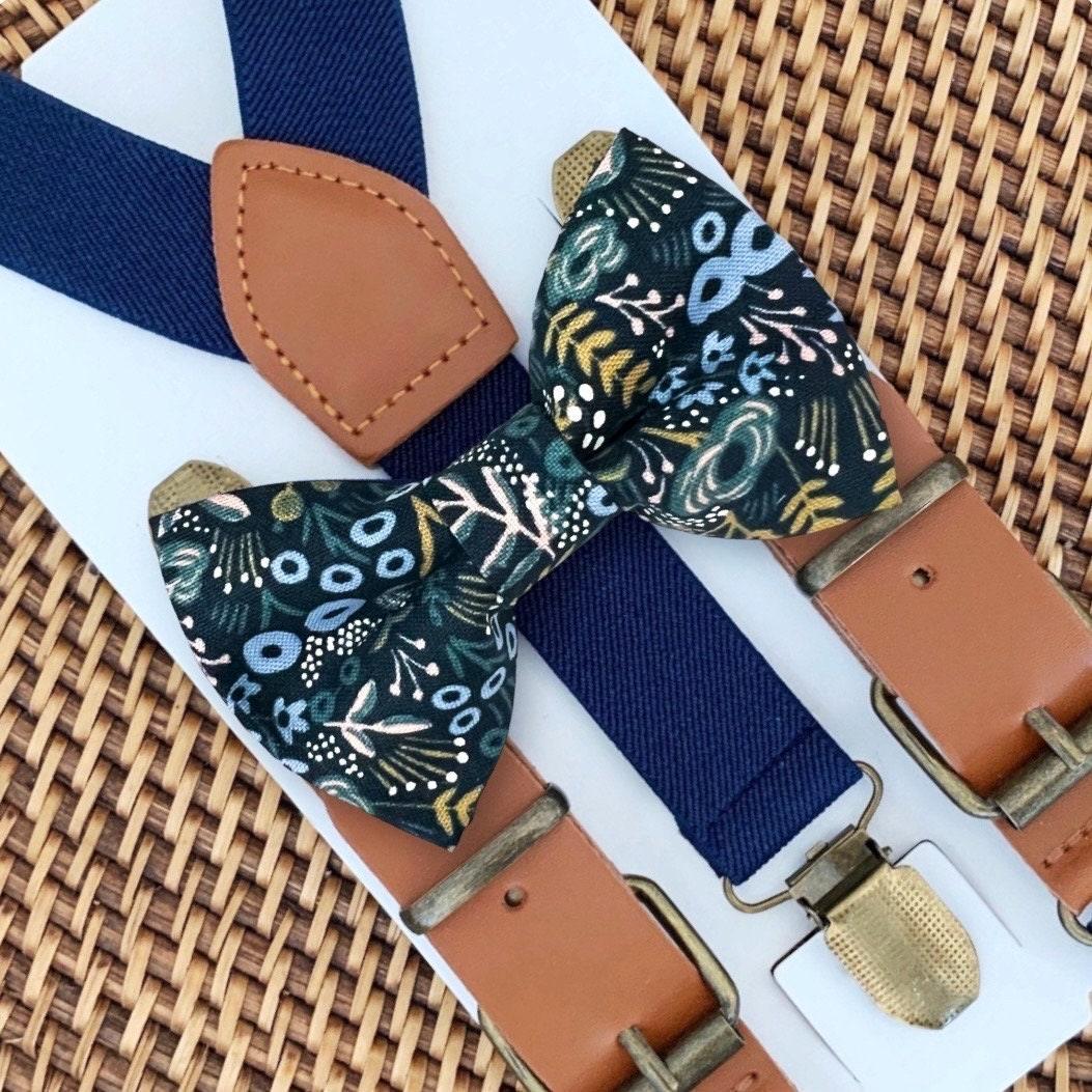 Navy floral bow tie and Navy suspenders for men, toddlers and kids handmade in the USA and pre-tied, for wedding, groomsmen and ring bearer.