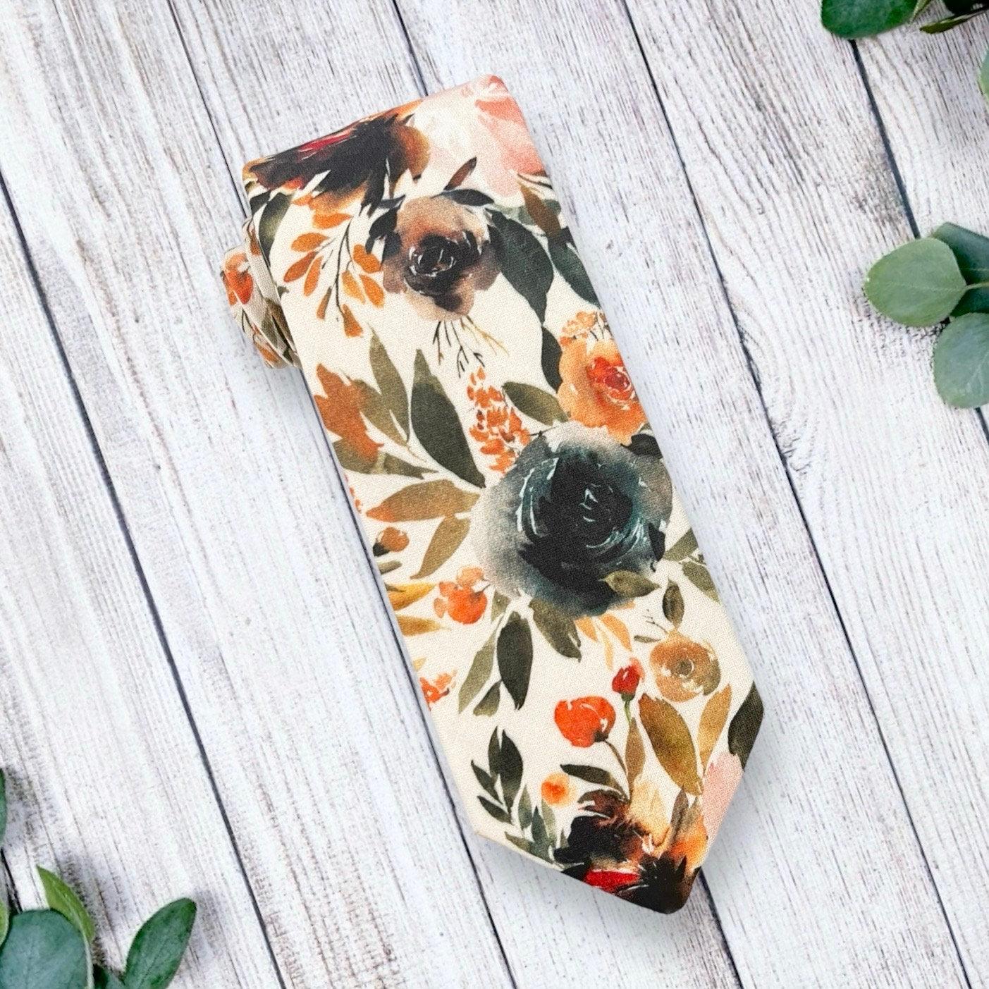 Burnt Orange Floral Mens Ties for Weddings, Terracotta Boho Wedding Necktie, Burnt Orange Tie
