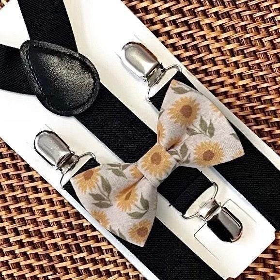 Sunflower bow tie and black suspenders for men, toddlers and kids handmade in the USA and pre-tied, for wedding, groomsmen and ring bearer.