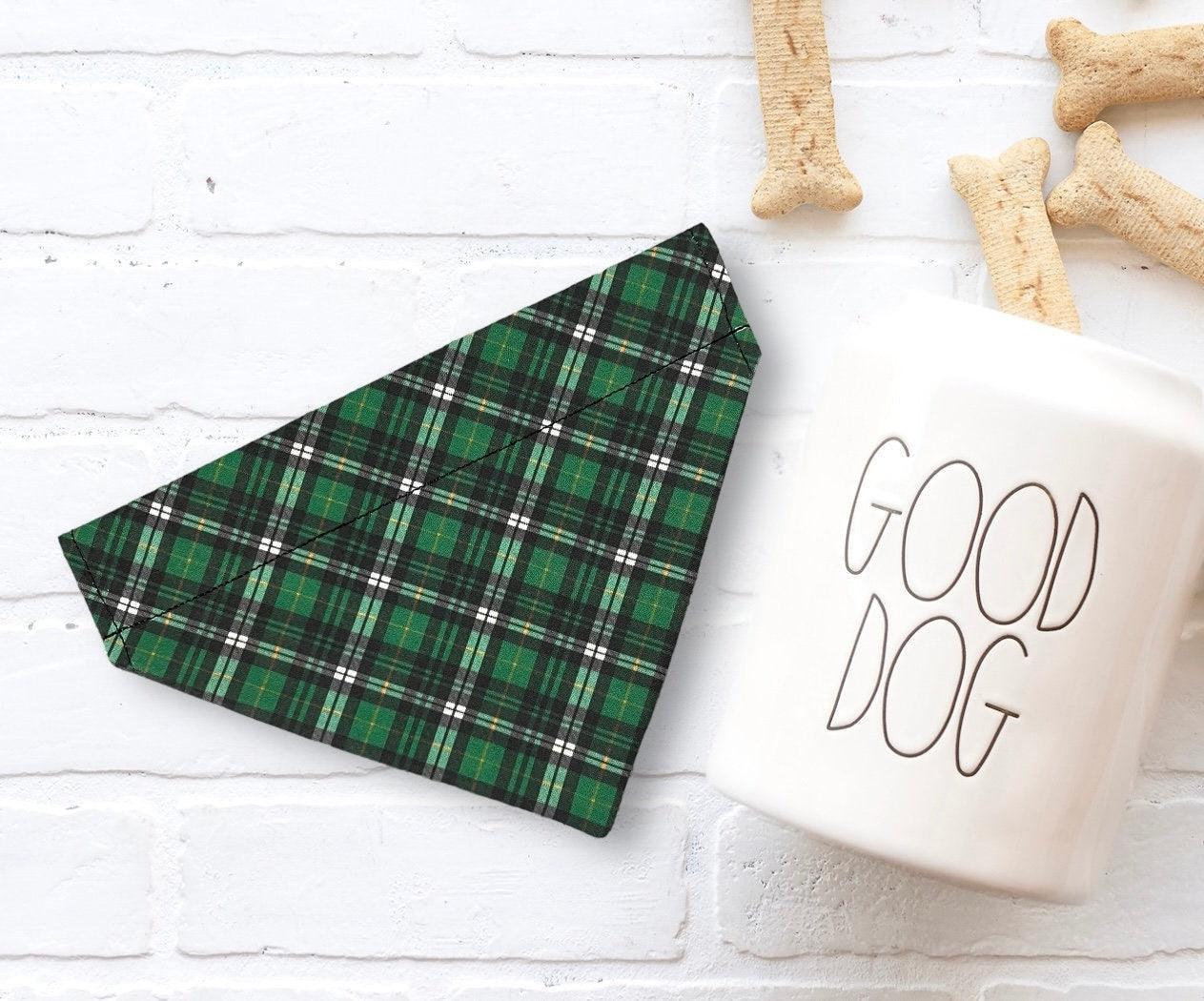 Dark green plaid Christmas dog bandana.