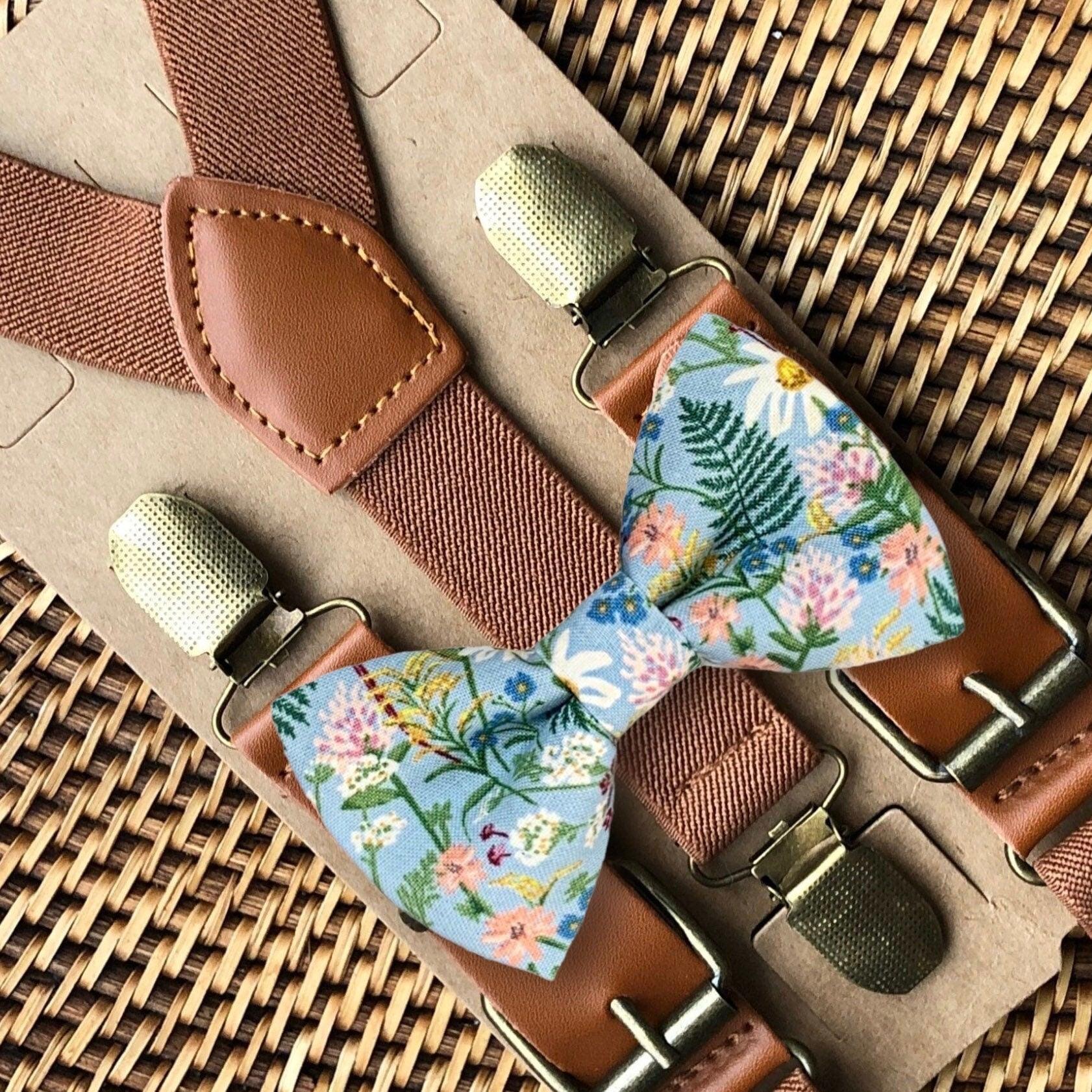 Dusty blue floral bow tie and brown suspenders for men, toddlers and kids handmade in the USA and pre-tied, for wedding, groomsmen and ring bearer.