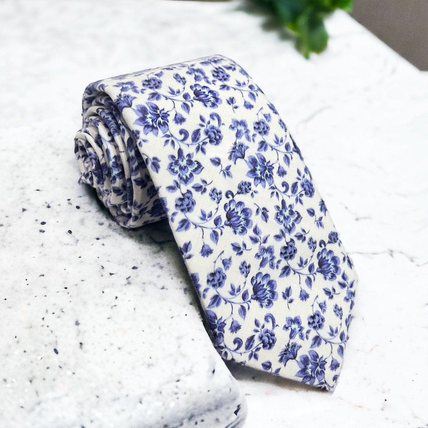 Floral Blue Necktie for Dusty Blue Wedding, Mens Floral Ties for Wedding Groomsmen Ties