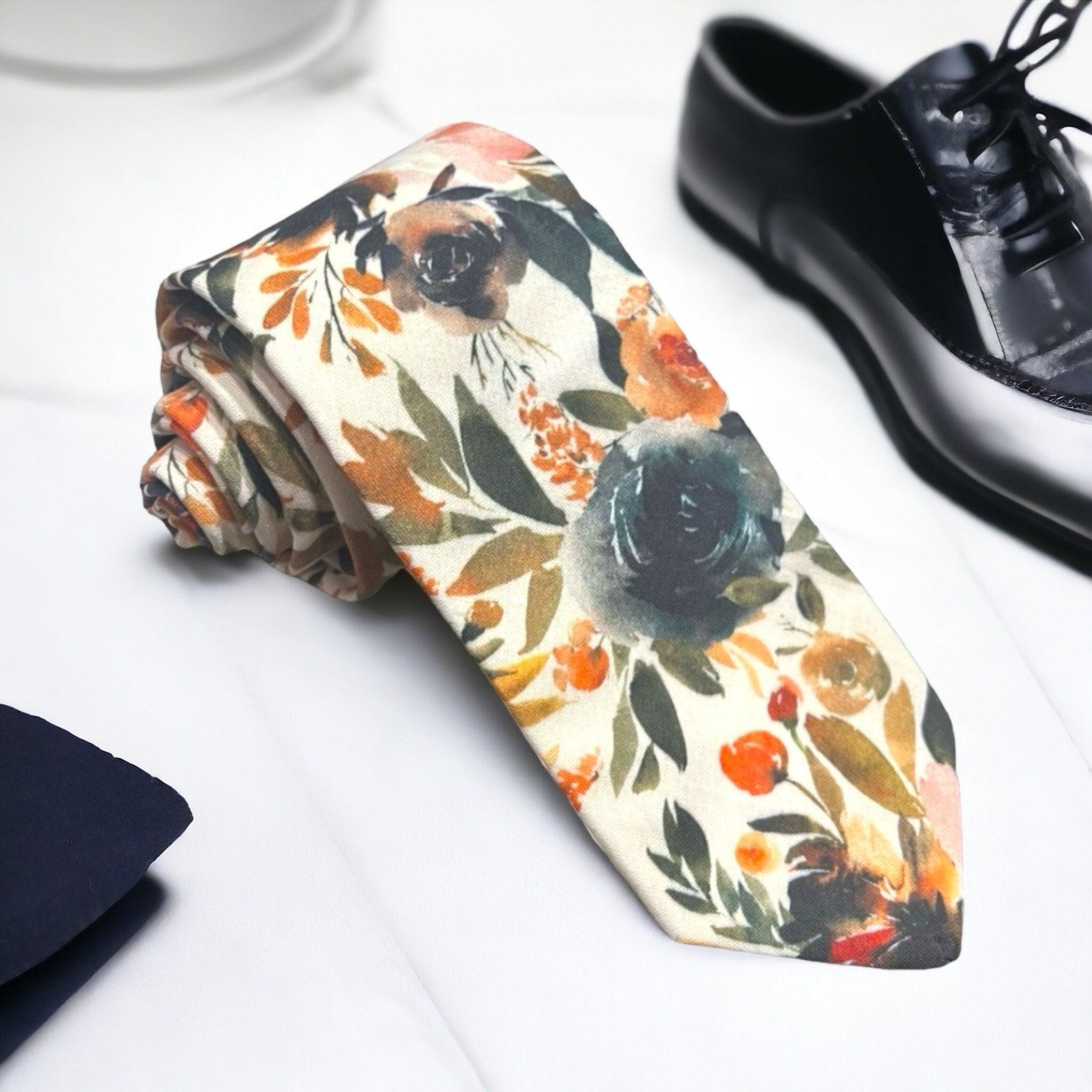 Burnt Orange Floral Mens Ties for Weddings, Terracotta Boho Wedding Necktie, Burnt Orange Tie