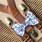 French Blue Floral Bow Tie & Cognac Brown Suspenders Set for wedding groomsmen and ring bearer outfit.