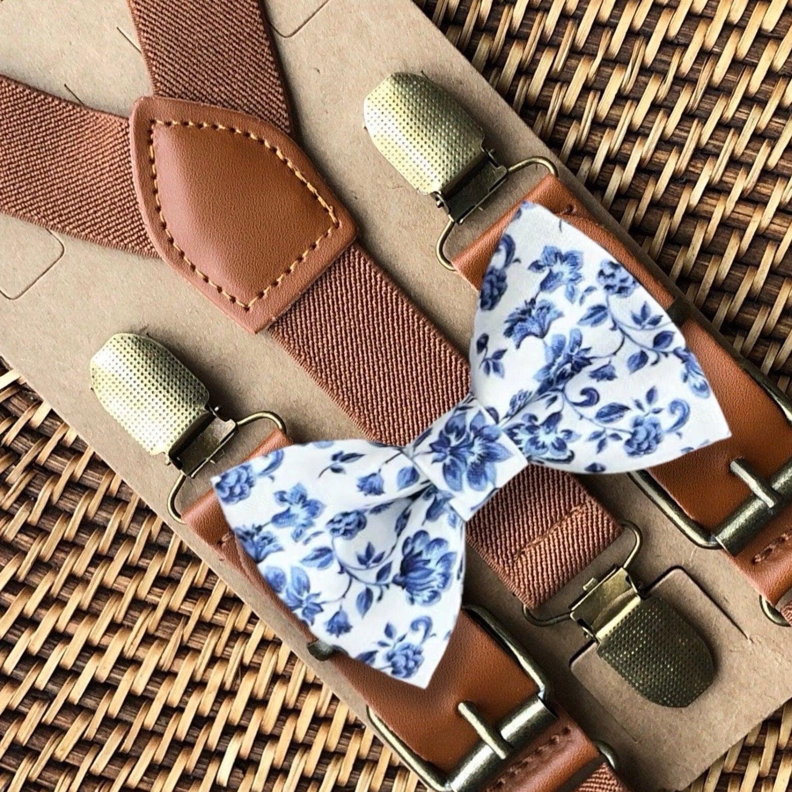 French Blue Floral Bow Tie & Cognac Brown Suspenders Set for wedding groomsmen and ring bearer outfit.
