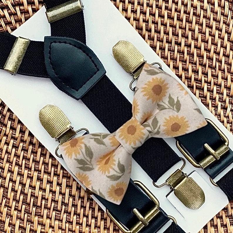 Sunflower Bow Tie & Suspenders, Sunflower Bow Ties, Ring Bearer Outfit, Boho Wedding, Rustic Wedding, Ring Bearer Gift, Floral Bow Tie