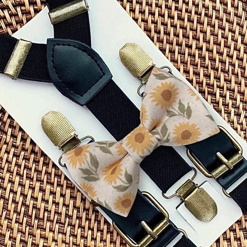 Sunflower Bow Tie & Suspenders, Sunflower Bow Ties, Ring Bearer Outfit, Boho Wedding, Rustic Wedding, Ring Bearer Gift, Floral Bow Tie