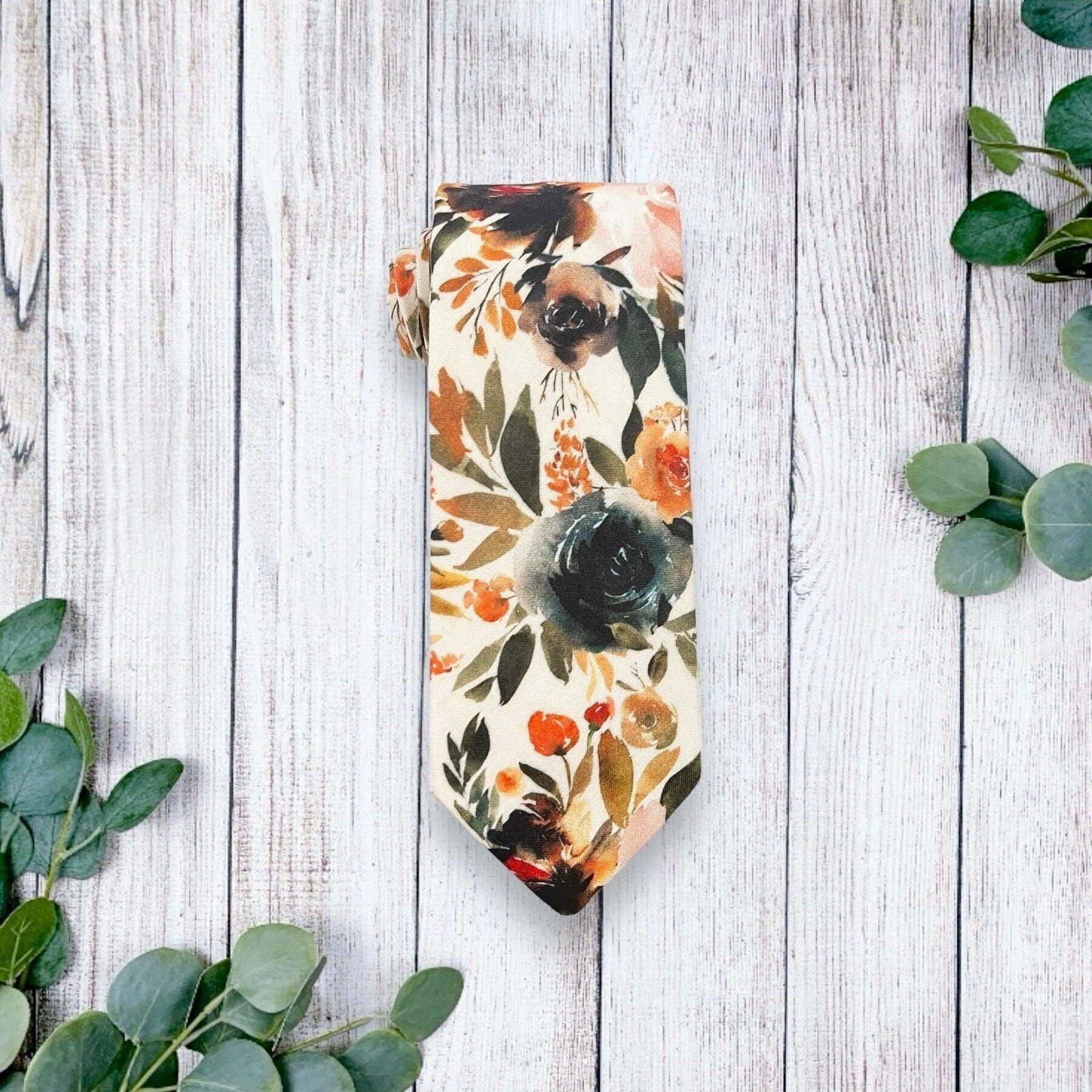 Burnt Orange Floral Mens Ties for Weddings, Terracotta Boho Wedding Necktie, Burnt Orange Tie