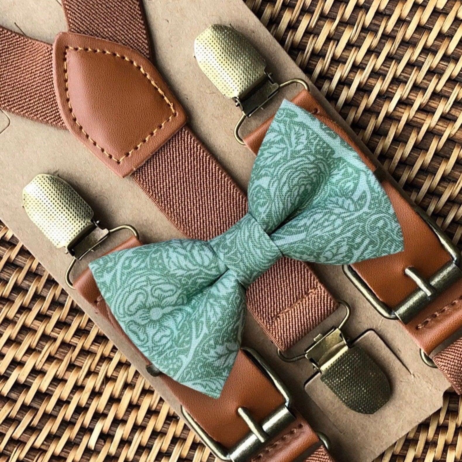 Sage bow tie and brown suspenders for men, toddlers and kids handmade in the USA and pre-tied, for wedding, groomsmen and ring bearer.