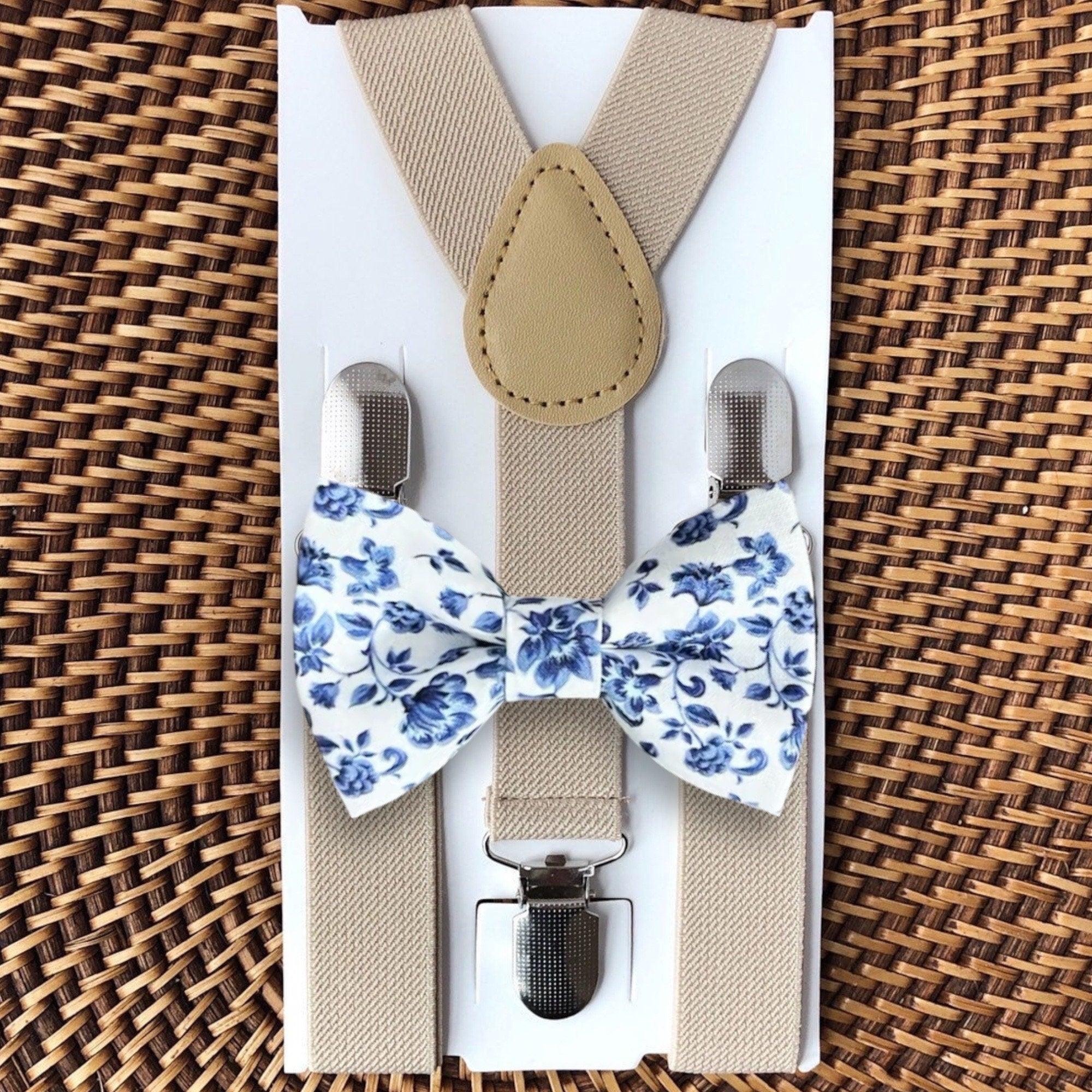 Size chart for suspender and bow tie sets from The Bold Bow Tie. Small (6mo-6yr): 18"-29" suspenders, 3.5" bow. Medium (7-12yr): 25.5"-40" suspenders, 4" bow. Adult (13yr-6ft tall): 25.5"-40" suspenders, 4.5" bow. Big & Tall (Over 6ft tall): 31"-53" suspenders, 4.5" bow. Instructions note to measure from the back waistband over the shoulder to the front waistband for a comfortable fit.