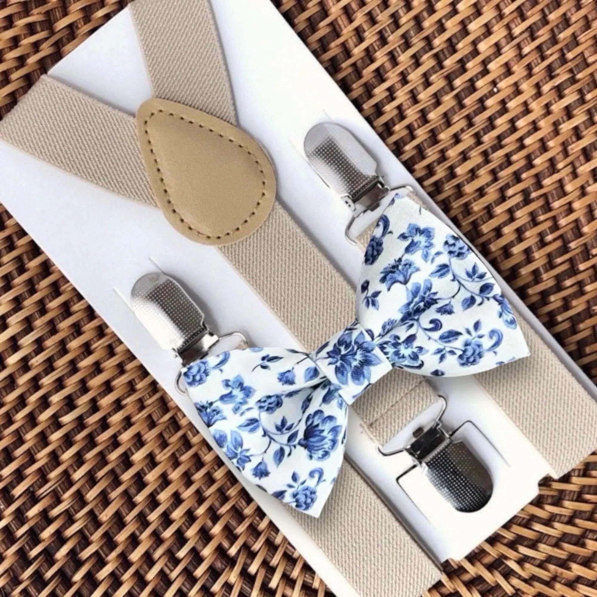 Floral bow tie and khaki suspenders for men, toddlers and kids handmade in the USA and pre-tied, for wedding, groomsmen and ring bearer.