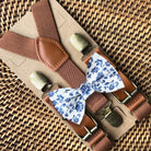 French Blue Floral Bow Tie & Cognac Brown Suspenders Set for wedding groomsmen and ring bearer outfit.