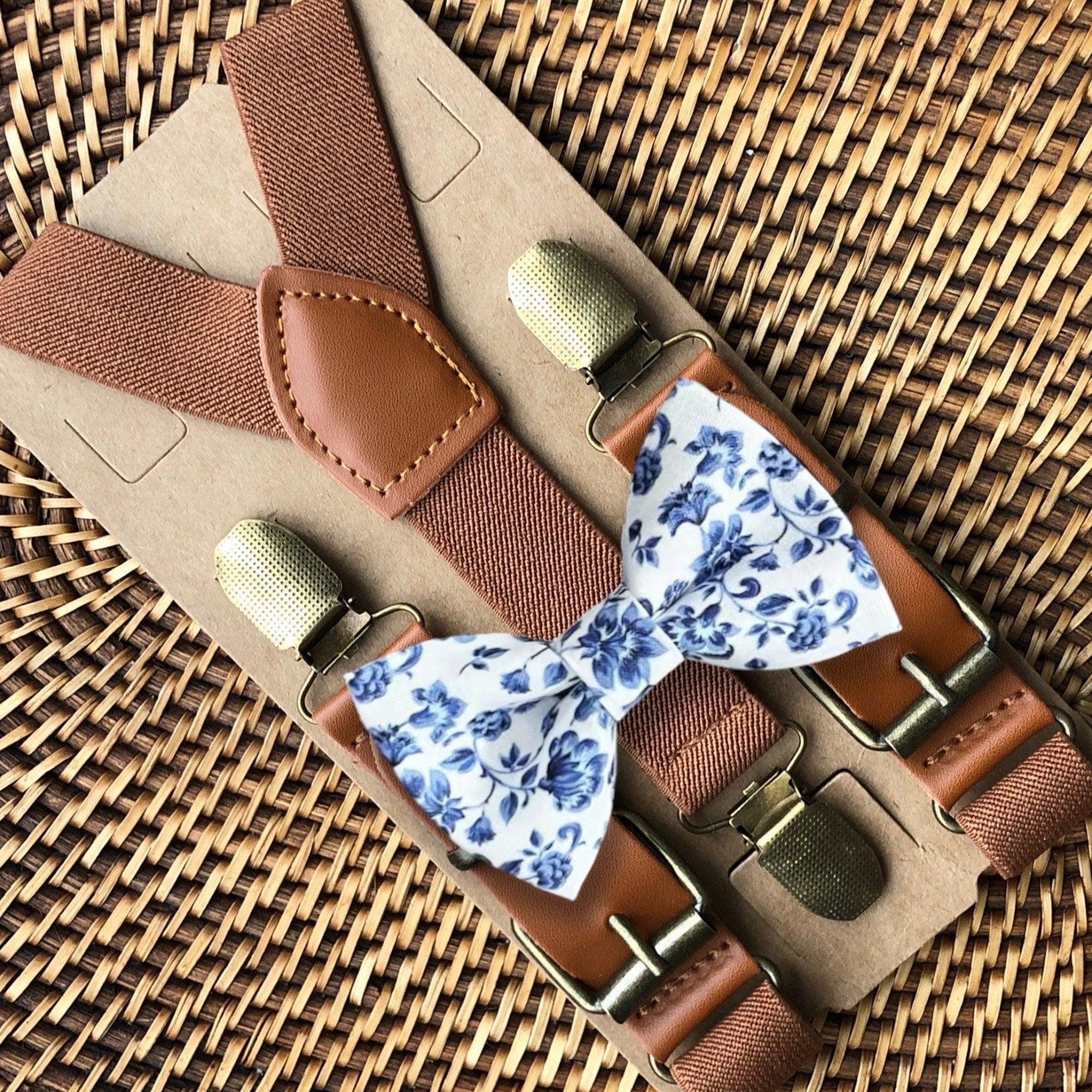 French Blue Floral Bow Tie & Cognac Brown Suspenders Set for wedding groomsmen and ring bearer outfit.
