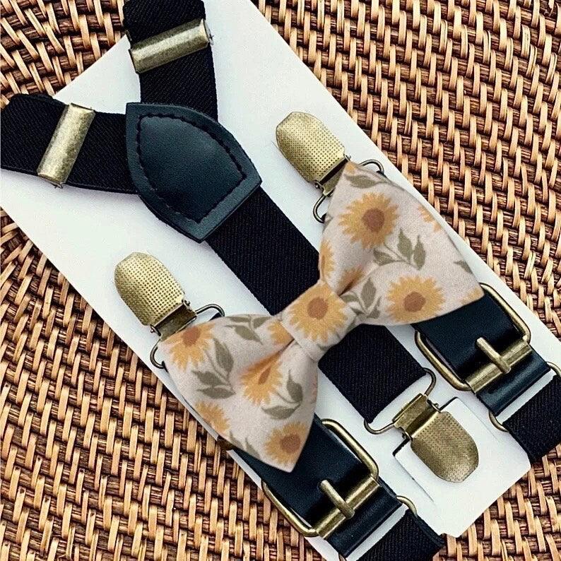 Size chart for suspender and bow tie sets from The Bold Bow Tie. X-Small (6mo-4yr): 15"-23" suspenders, 3.5" bow. Small (5-9yr): 18"-33" suspenders, 3.5" bow. Medium (10-12yr): 18"-33" suspenders, 4" bow. Adult (13yr-6'5"): 30"-53" suspenders, 4.5" bow. Big & Tall (Over 6'5"): 53"+ suspenders, 4.5" bow. Instructions note to measure from the back waistband over the shoulder to the front waistband for a comfortable fit.