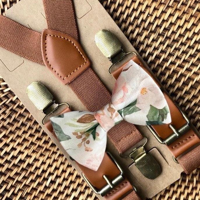 Blush Rose Bow Tie & Cognac Brown Suspenders Set for wedding, groomsmen and ring bearer outfit.