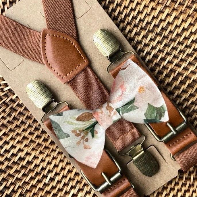 Blush Rose Bow Tie & Cognac Brown Suspenders Set for wedding, groomsmen and ring bearer outfit.