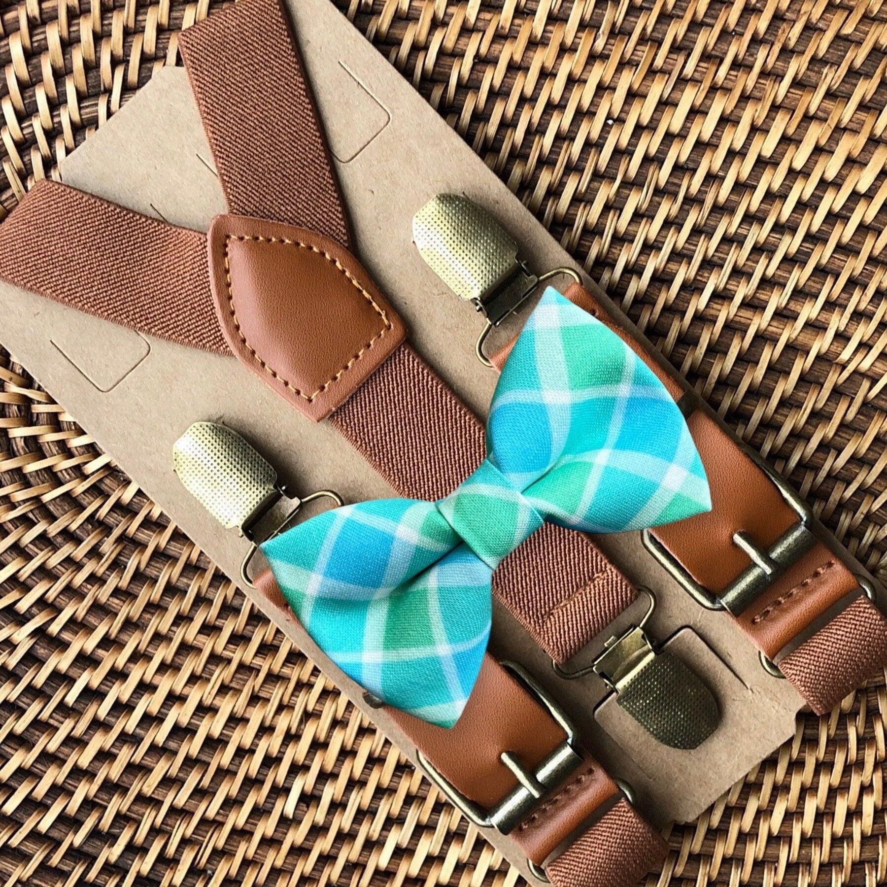 Blue and green plaid bow tie and brown suspenders for men, Easter, toddlers and kids handmade in the USA and pre-tied, for wedding, groomsmen and ring bearer.