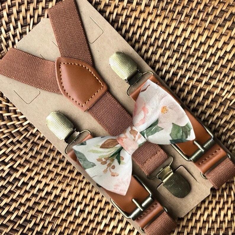 Blush Rose Bow Tie & Cognac Brown Suspenders Set for wedding, groomsmen and ring bearer outfit.