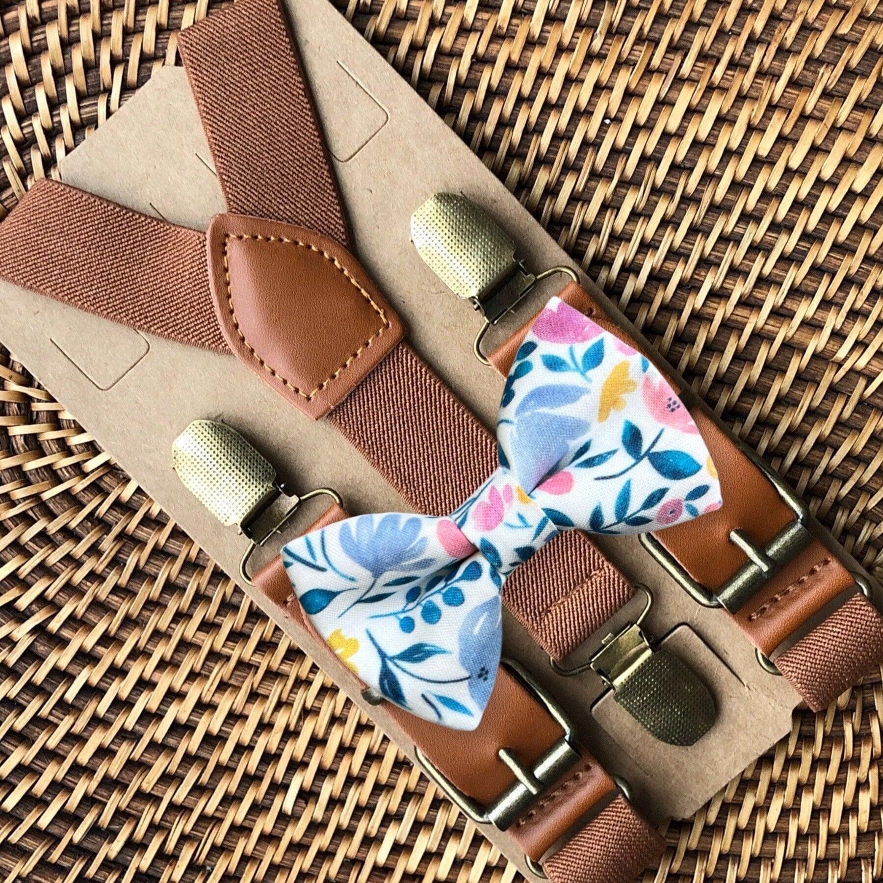 Floral bow tie and brown suspenders for men, toddlers and kids handmade in the USA and pre-tied, for wedding, groomsmen and ring bearer.