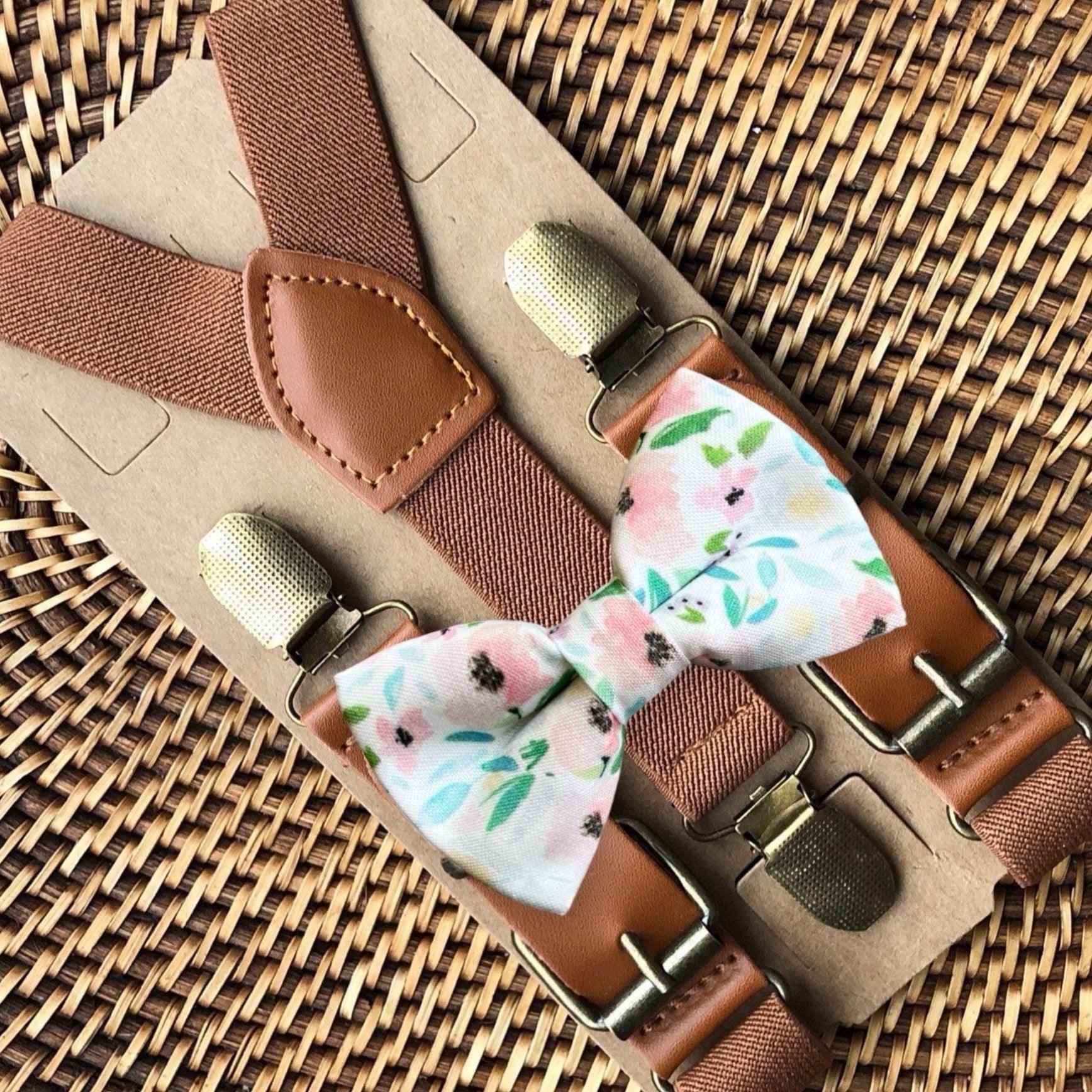 Pink floral bow tie and brown suspenders for men, toddlers and kids handmade in the USA and pre-tied, for wedding, groomsmen and ring bearer.