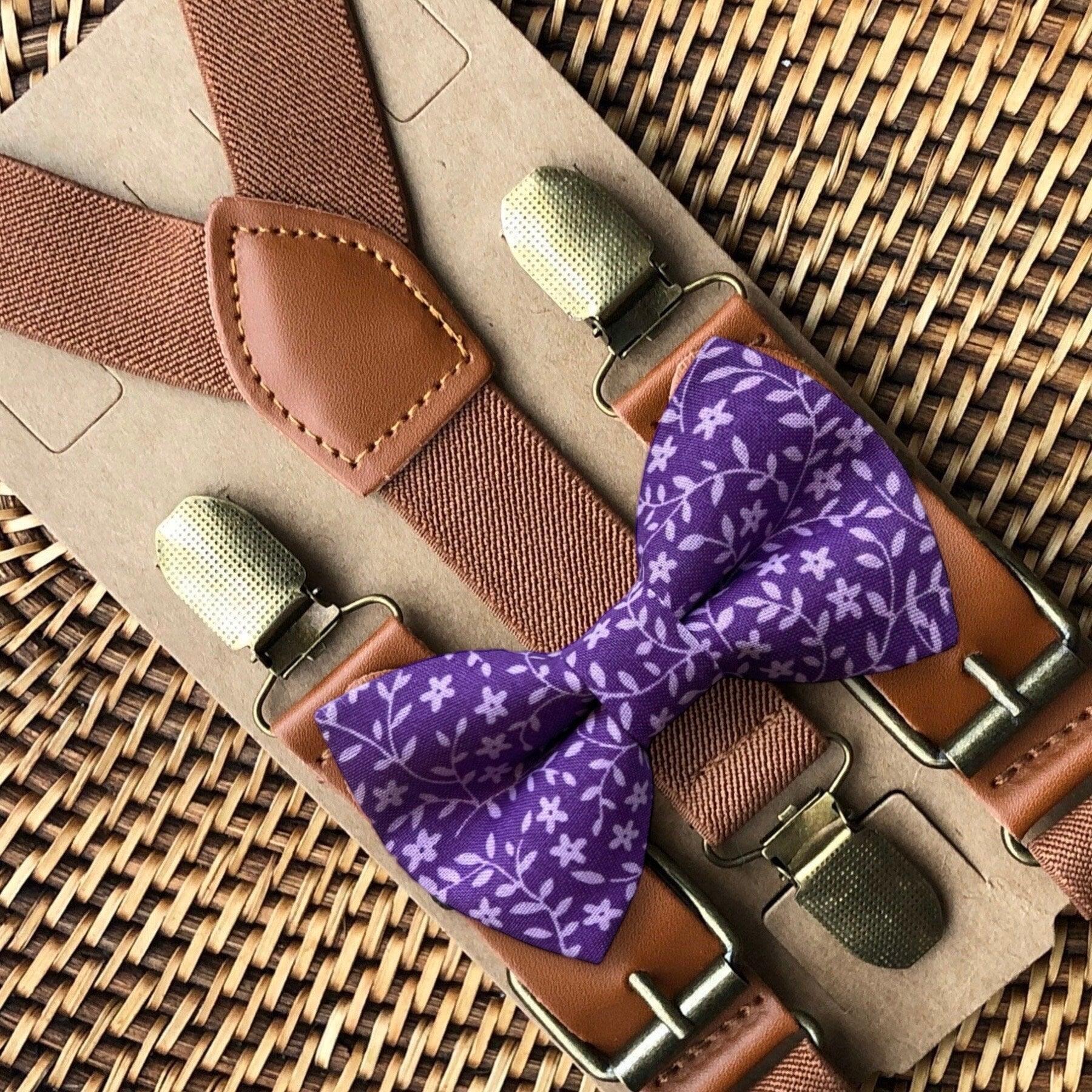 Size chart for suspender and bow tie sets from The Bold Bow Tie. X-Small (6mo-4yr): 15"-23" suspenders, 3.5" bow. Small (5-9yr): 18"-33" suspenders, 3.5" bow. Medium (10-12yr): 18"-33" suspenders, 4" bow. Adult (13yr-6'5"): 30"-53" suspenders, 4.5" bow. Big & Tall (Over 6'5"): 53"+ suspenders, 4.5" bow. Instructions note to measure from the back waistband over the shoulder to the front waistband for a comfortable fit.