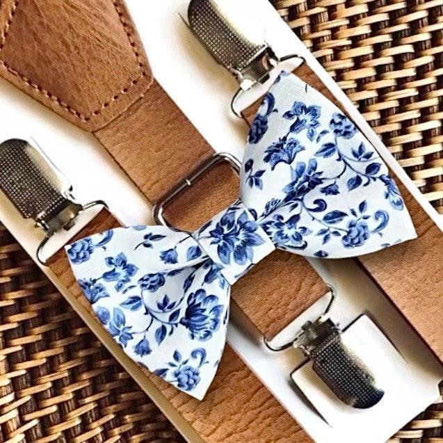 Blue floral bow tie and brown suspenders for men, toddlers and kids handmade in the USA and pre-tied, for wedding, groomsmen and ring bearer.