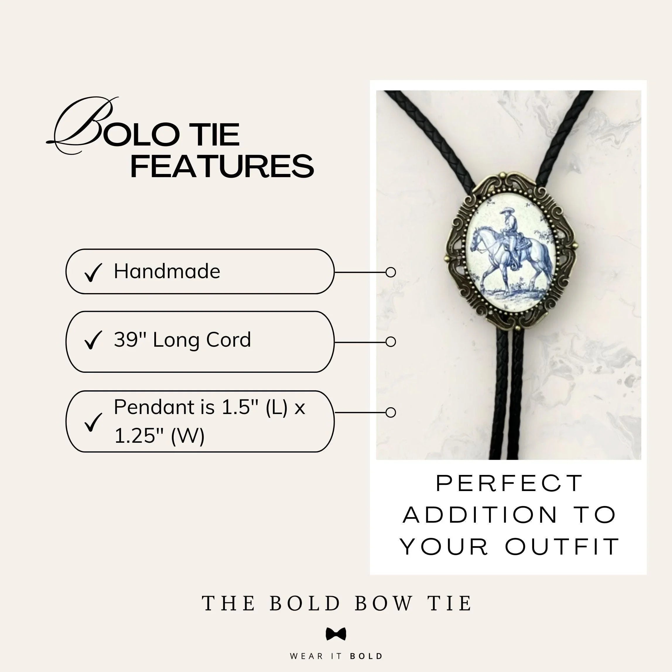Bolo tie features collage with ornate circular pendant on braided black cord against a beige backdrop