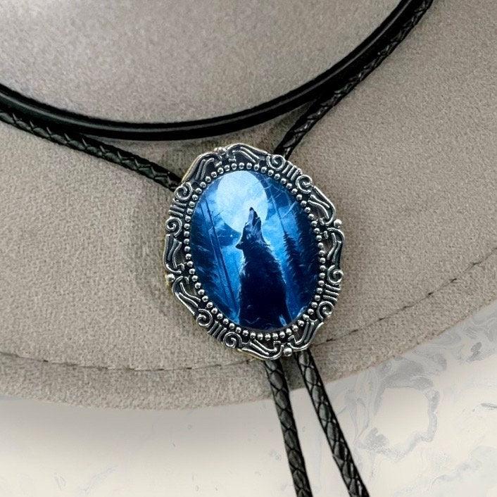 Bolo Tie- w/ Wolf & Moon Cowboy String Tie on a Cowboy hat