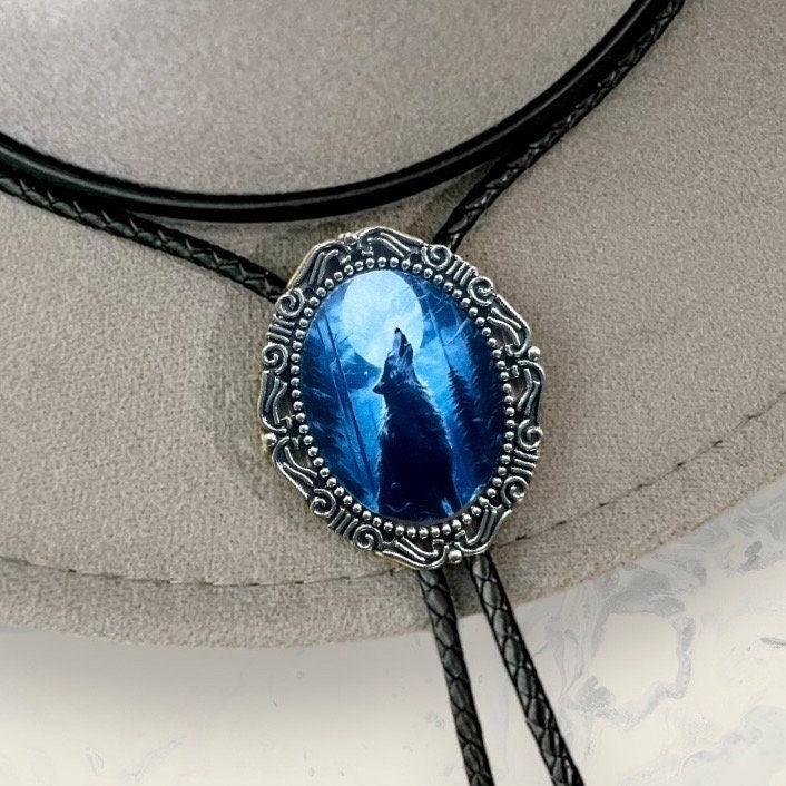 Bolo Tie- w/ Wolf & Moon Cowboy String Tie on a Cowboy hat