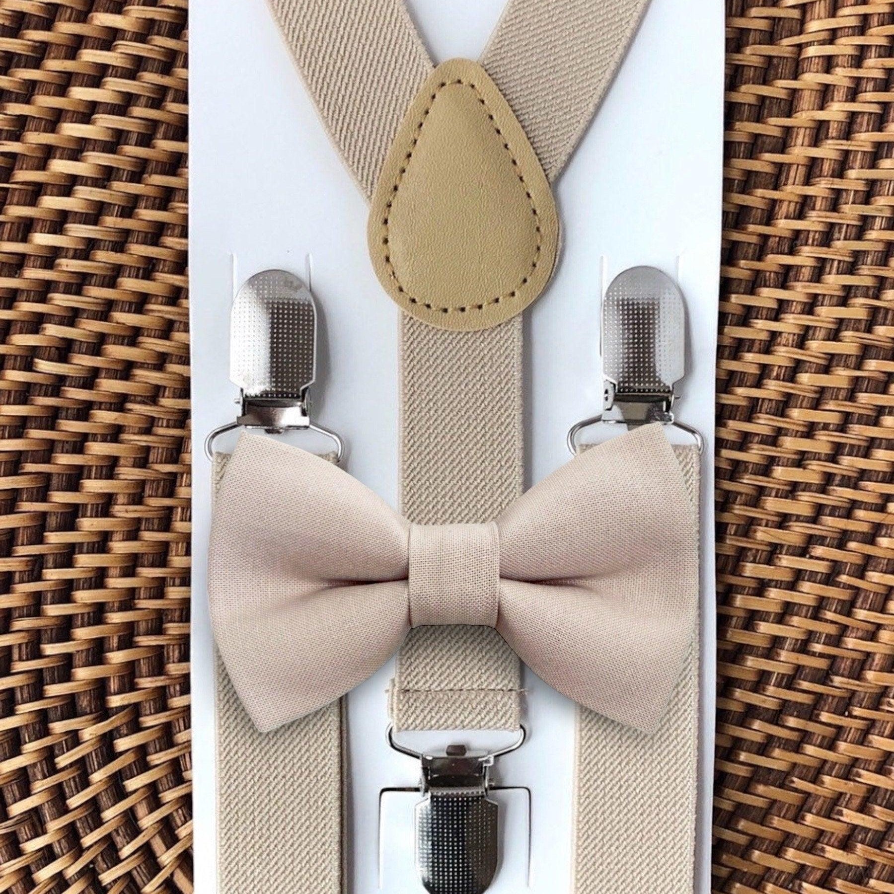 Biscotti Bow Tie for Wedding Bowtie & Suspenders, Tan Bow Tie for Ring Bearer or Mens Ties, Champagne Boys Bow Tie Suspenders Wedding Outfit