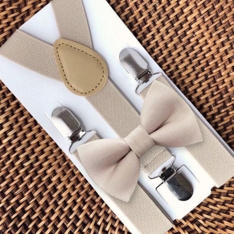 Biscotti Bow Tie for Wedding Bowtie & Suspenders, Tan Bow Tie for Ring Bearer or Mens Ties, Champagne Boys Bow Tie Suspenders Wedding Outfit