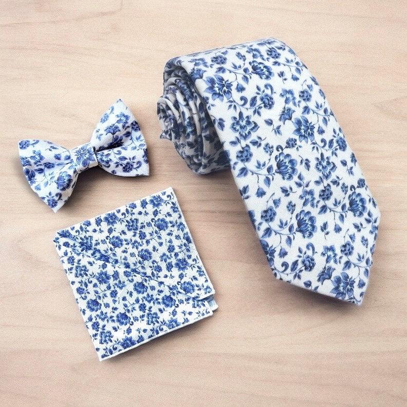 Floral Blue Necktie for Dusty Blue Wedding, Mens Floral Ties for Wedding Groomsmen Ties