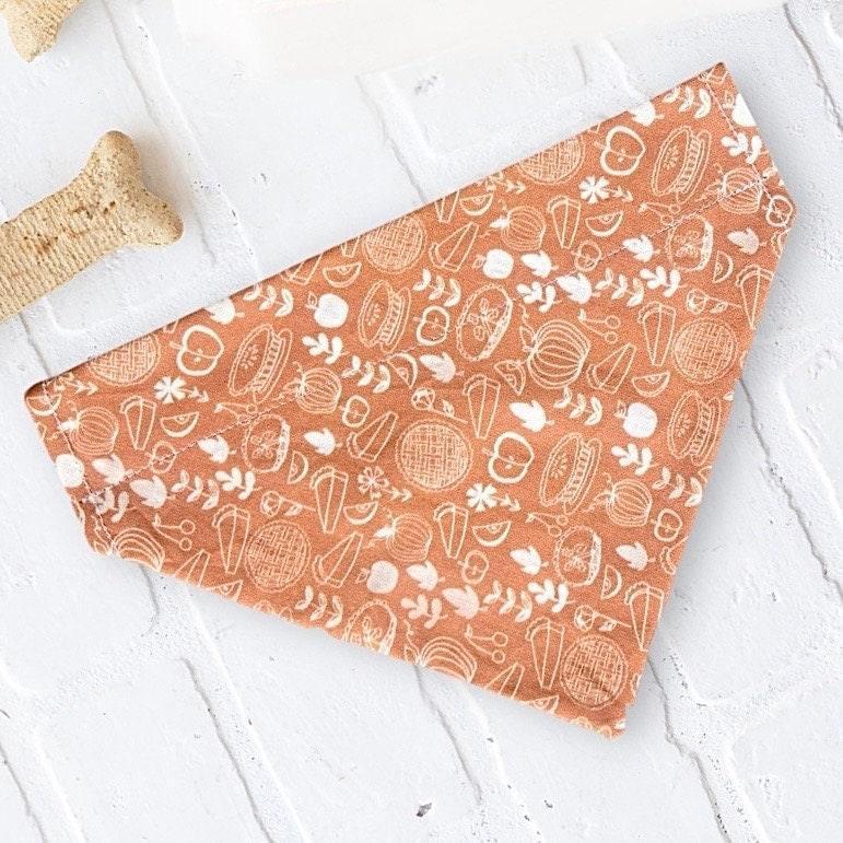 Orange Thanksgiving themed pet bandana with white fall motifs such as pumpkins and leaves