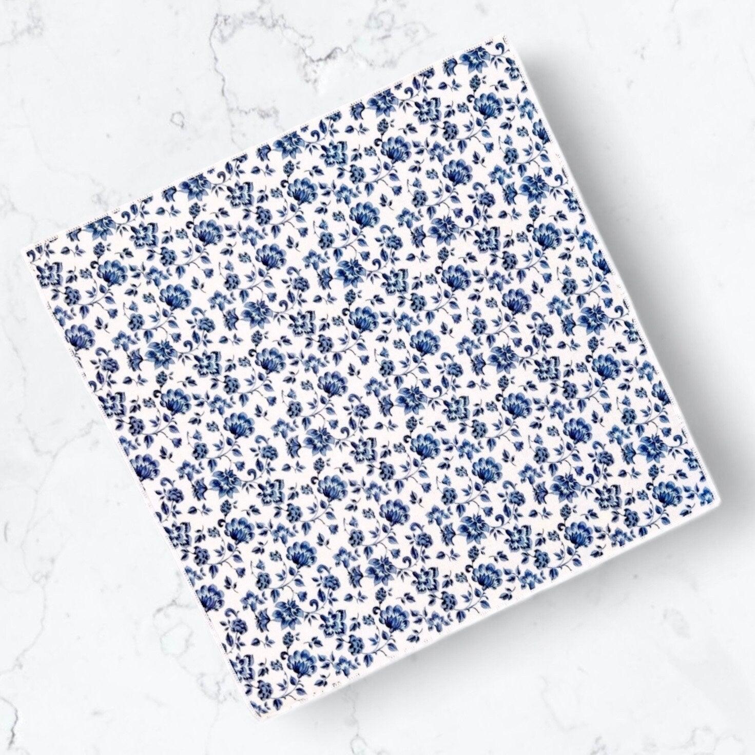 White and blue floral pocket square for wedding or special event.
