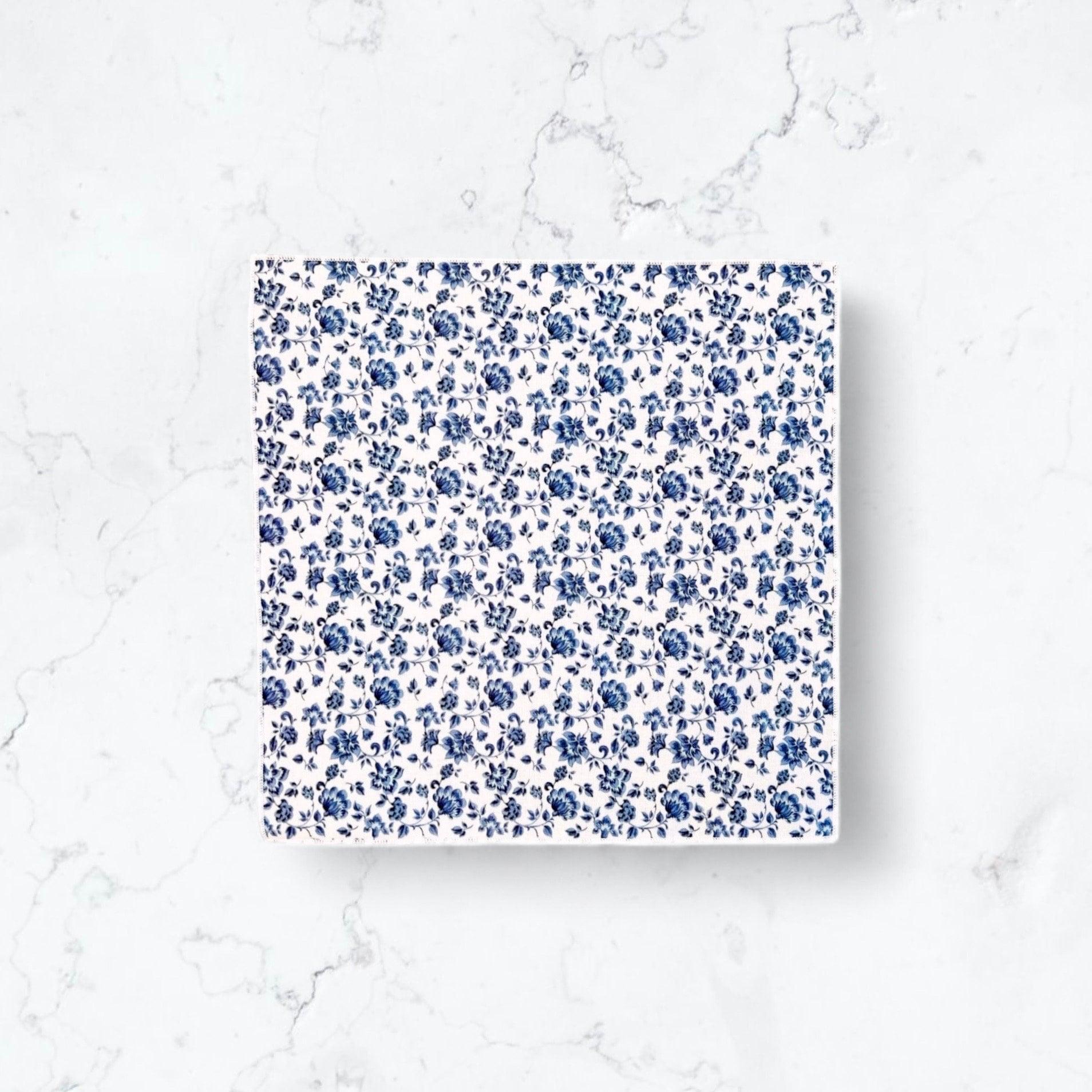 White and blue floral pocket square for wedding or special event.