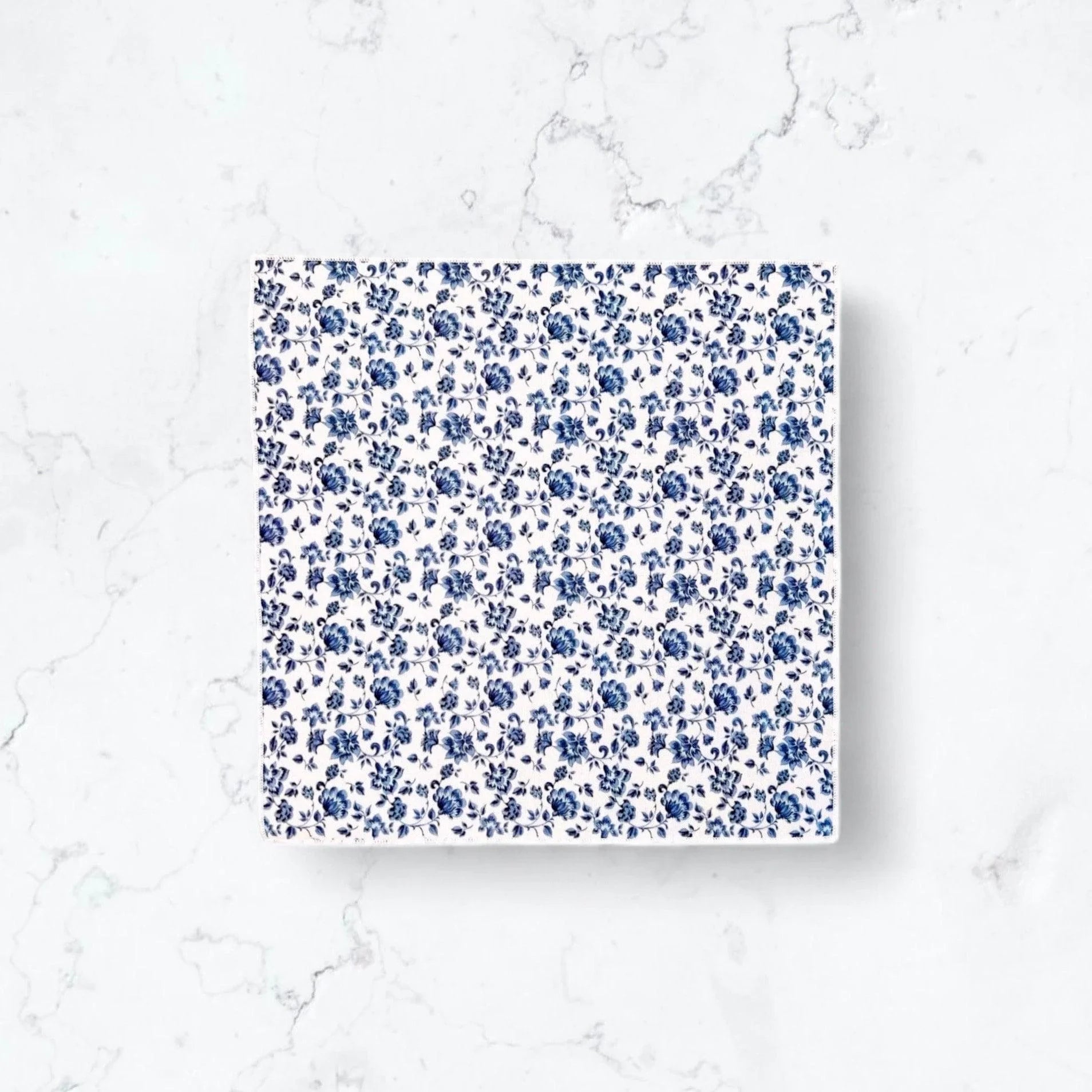 White and blue floral pocket square for wedding or special event.