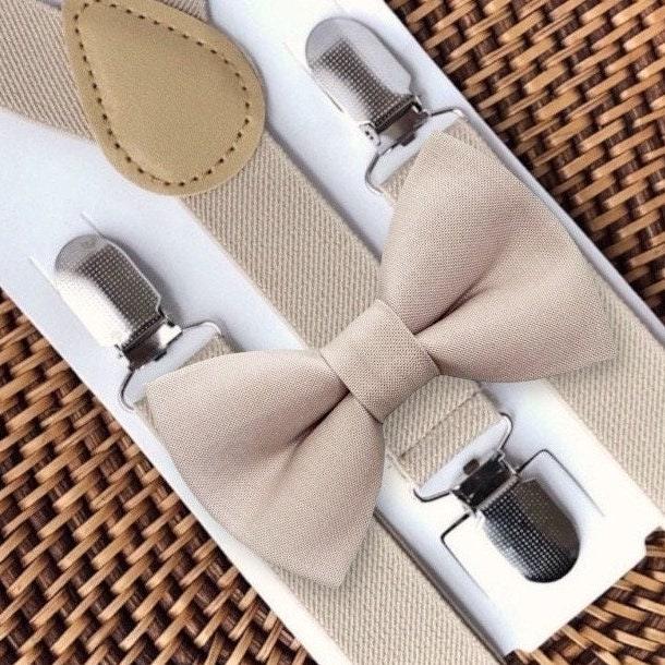 Biscotti Bow Tie for Wedding Bowtie & Suspenders, Tan Bow Tie for Ring Bearer or Mens Ties, Champagne Boys Bow Tie Suspenders Wedding Outfit