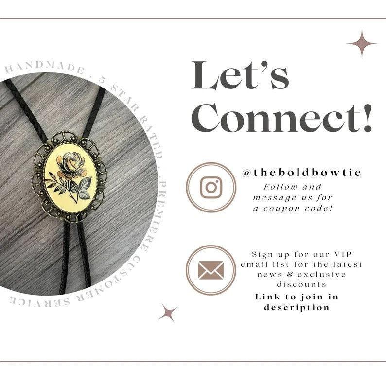 Let's Connect graphic with a circular bolo tie pendant on a wood background and social icons.