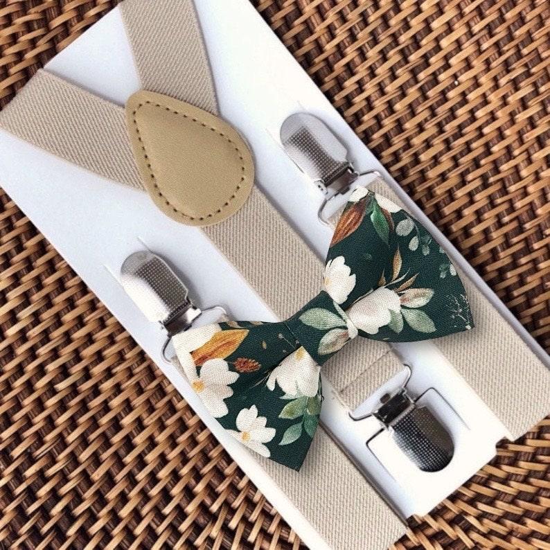 Emerald floral bow tie and suspenders for men, toddlers and kids handmade in the USA and pre-tied, for wedding, groomsmen and ring bearer.