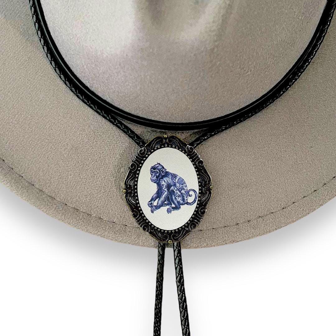 Funny Monkey Bolo Tie - Blue and White