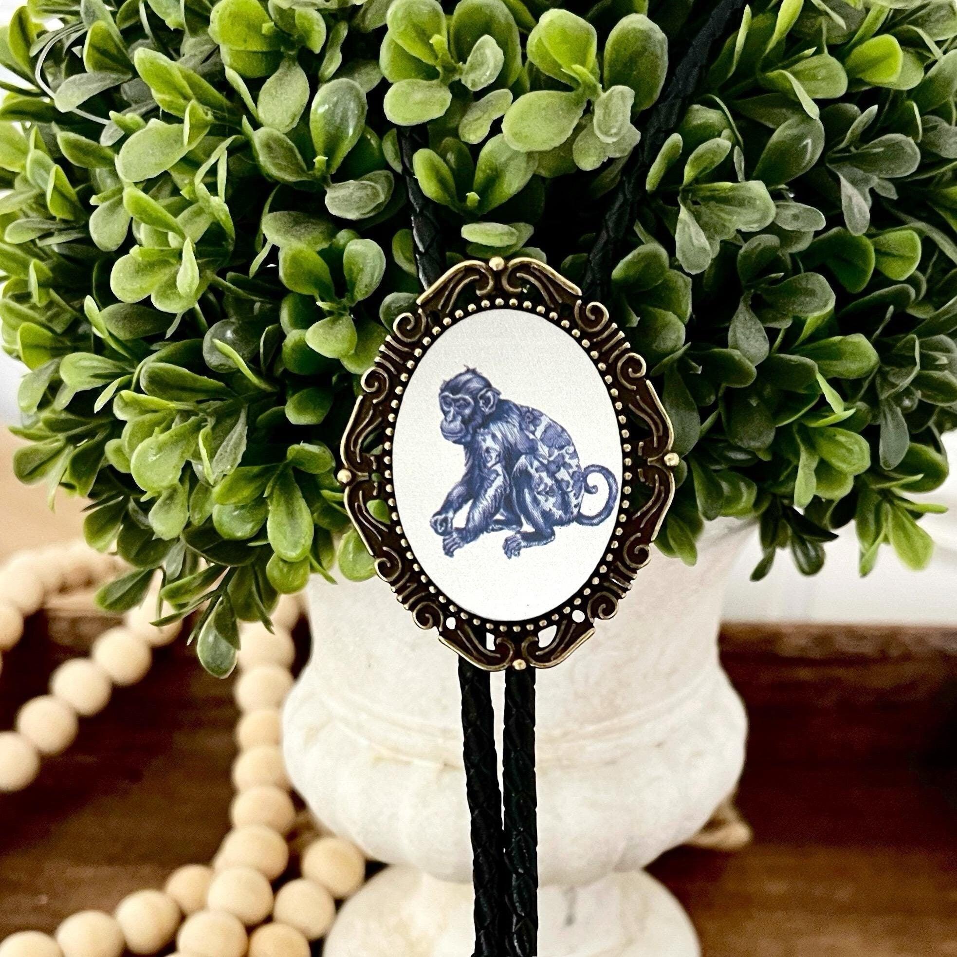 Monkey Bolo Tie - Blue and White