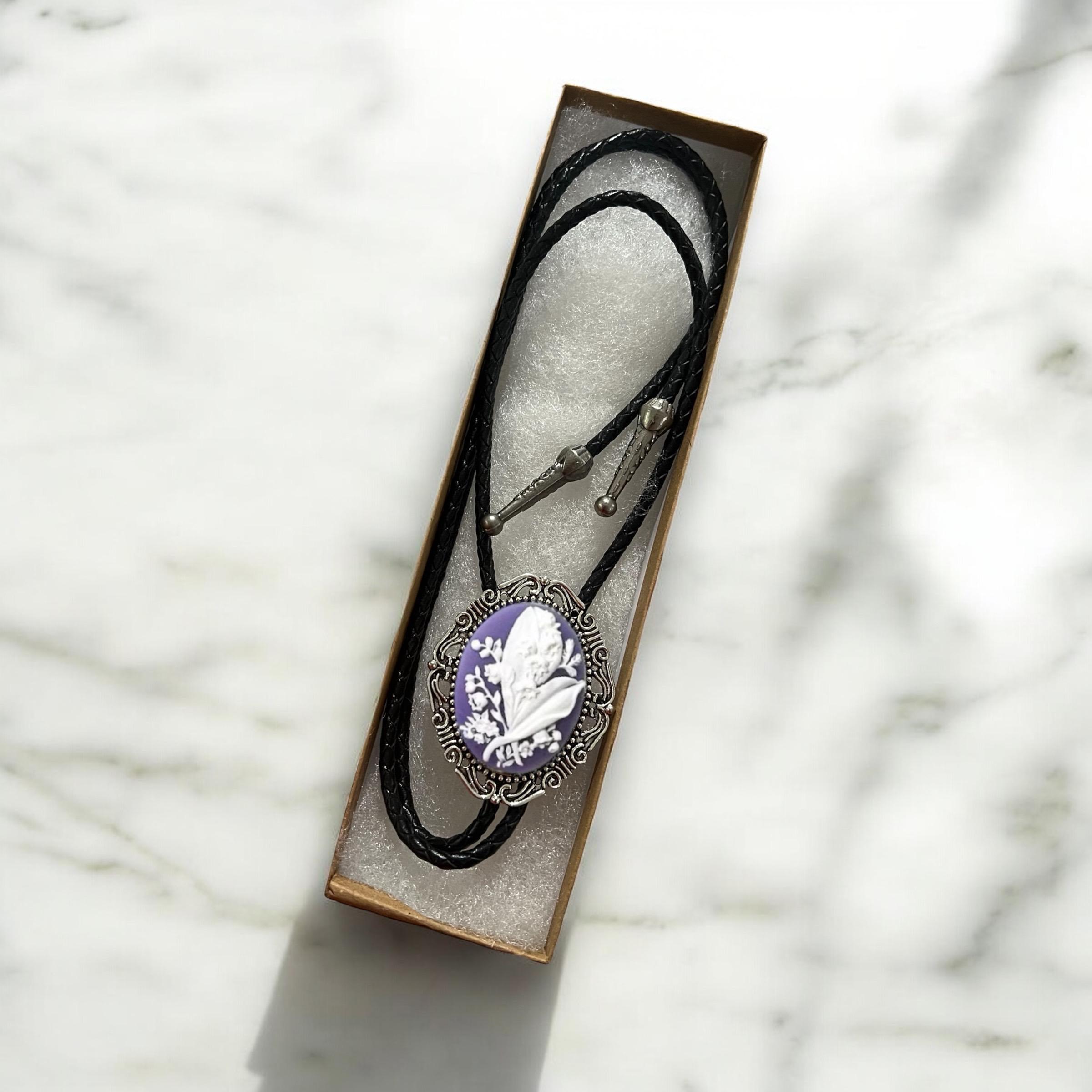 Silver Floral purple Lily of the Valley Bolo Tie for men for wedding, groomsmen, and ring bearer outfits.