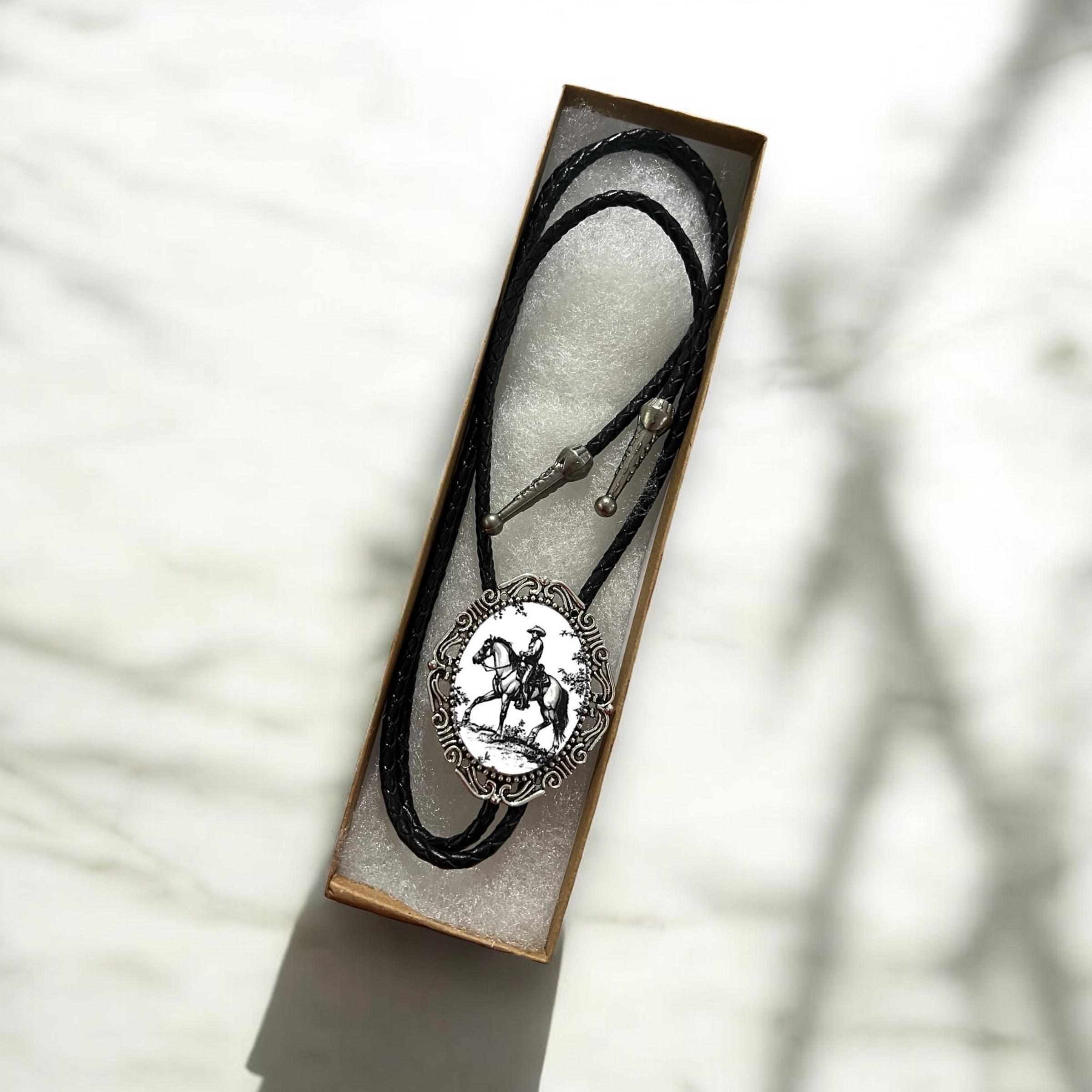Bolo Tie Western Cowboy- Black & White and Silver