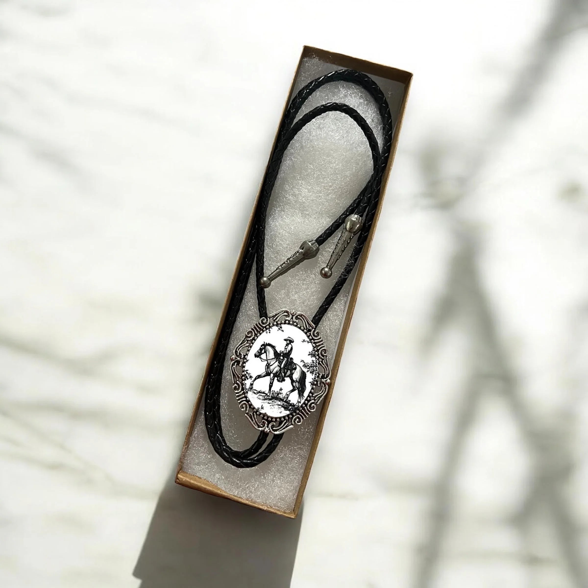 Bolo Tie Western Cowboy- Black & White and Silver