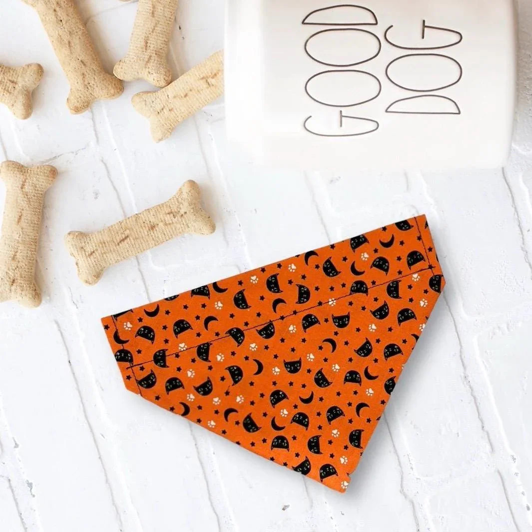 Size chart for dog bandanas from The Bold Bow Tie detailing measurements for Small, Medium, Large, and X-Large sizes. Small fits neck sizes 11 to 13 inches with a width of 7 inches and length of 5 inches. Medium fits neck sizes 13 to 16 inches with a width of 9 inches and length of 6 inches. Large fits neck sizes 16 to 21 inches with a width of 11 inches and length of 8 inches. X-Large fits neck sizes 21 to 25 inches with a width of 13 inches and length of 9 inches.