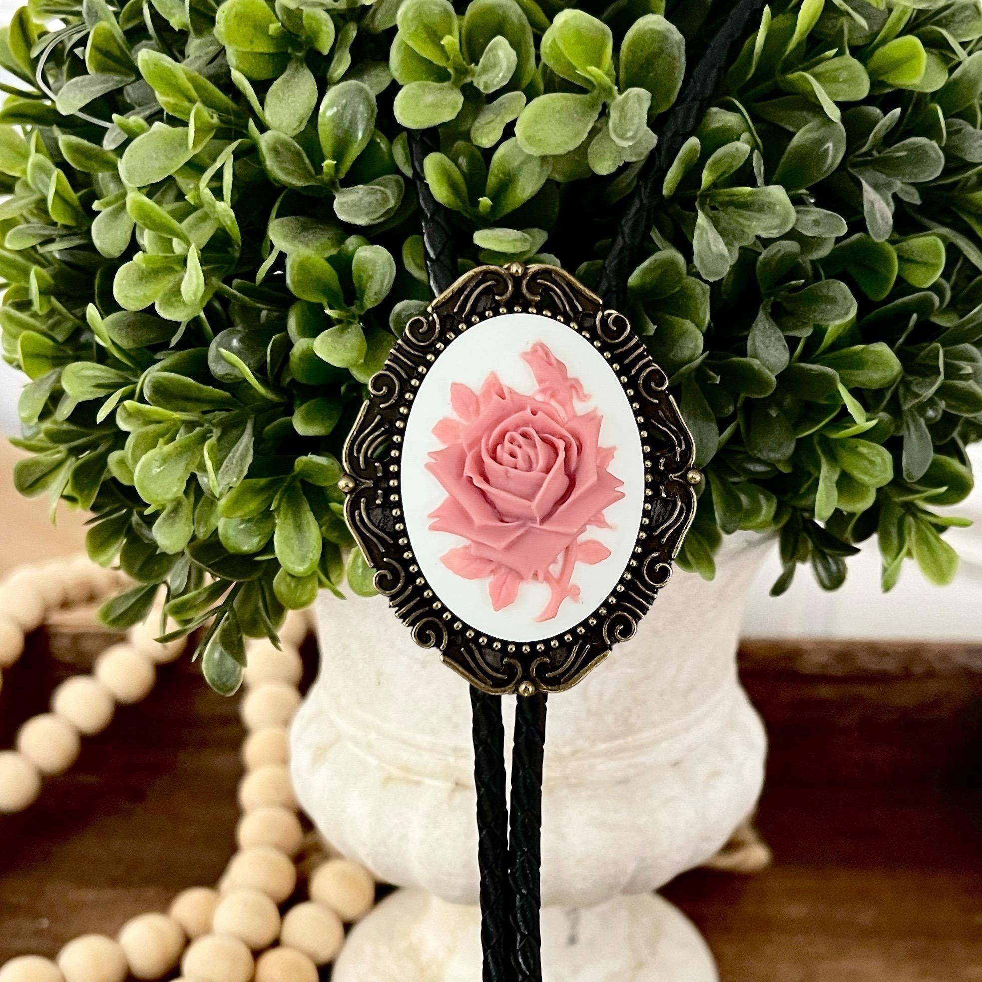 Bolo Tie with Rose - White & Pink Flower for Western Gifts