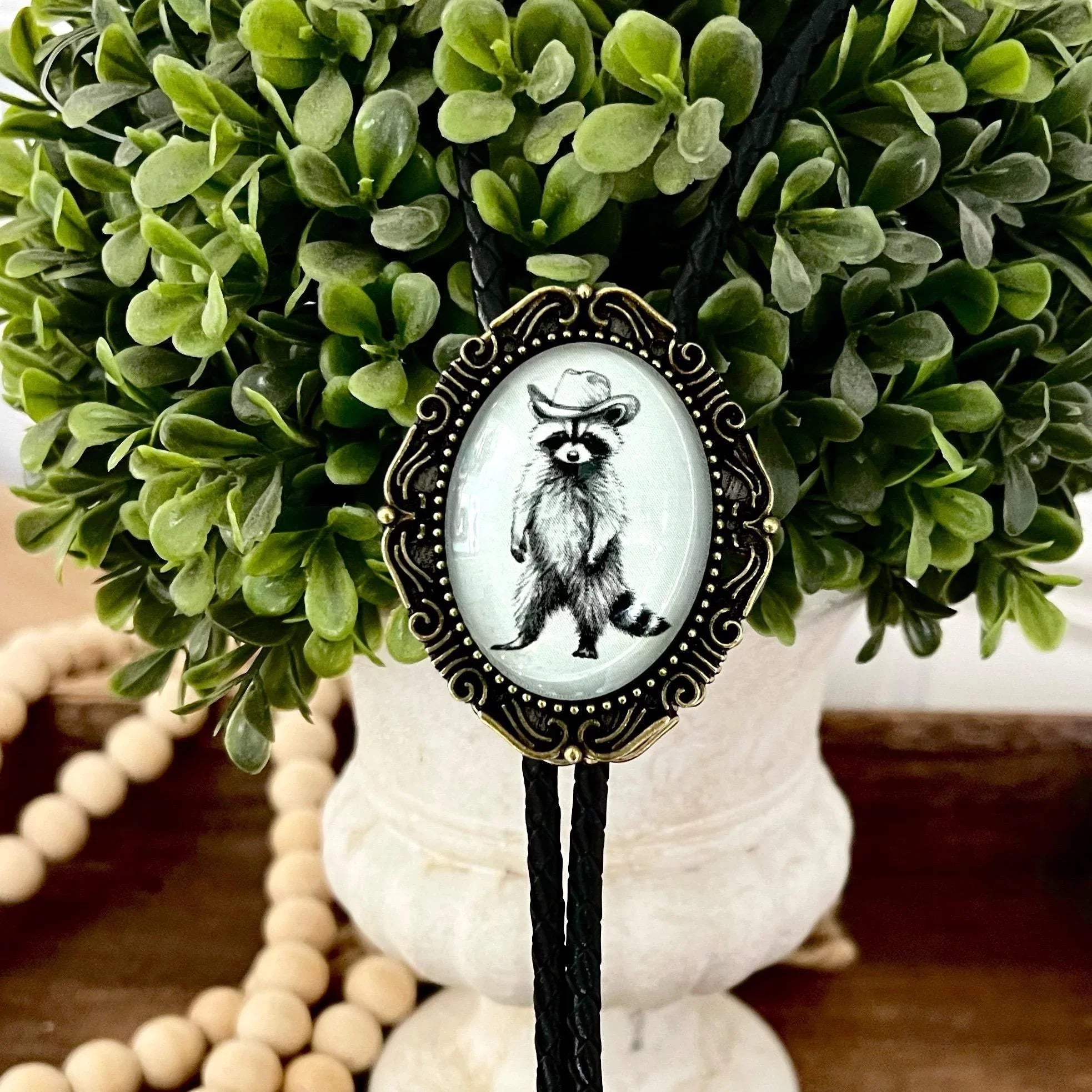 Brass Bolo Tie with Raccoon- Black & Gray