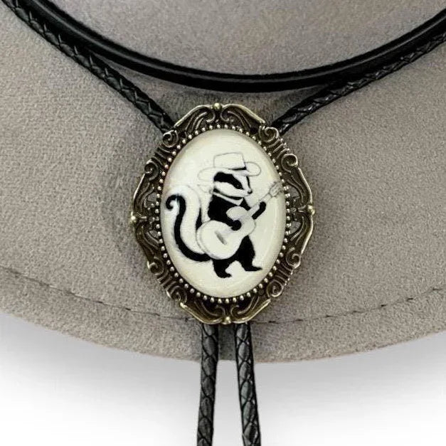 White Skunk playing Guitar Bolo tie for men groomsmen and wedding.