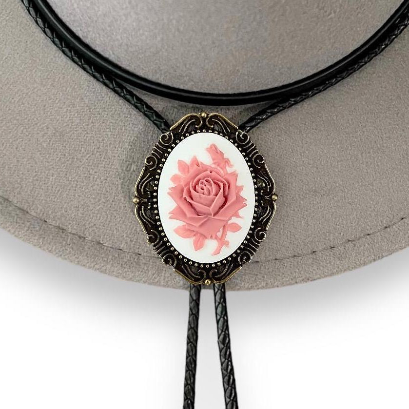 Bolo Tie with Rose - White & Pink Flower for Western Gifts